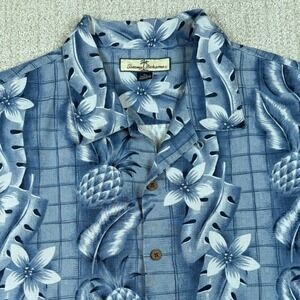 Tommy Bahama Mens XL Blue 100% Silk Pineapple Floral Tropical Hawaiian Shirt